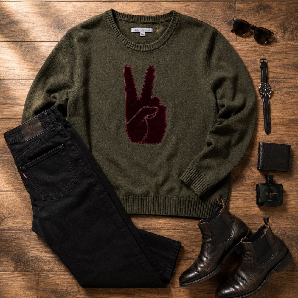John Varvatos Cashmere Silk Wool Peace Sign Sweater XXL Green Velvet Graphic